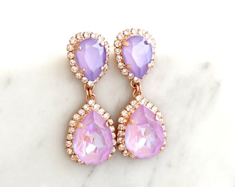 Lilac  Crystal Earrings, Bridal Lilac Drop Earrings, Lilac Purple Chandelier Crystal Earrings, Lavender Crystal LONG Earrings