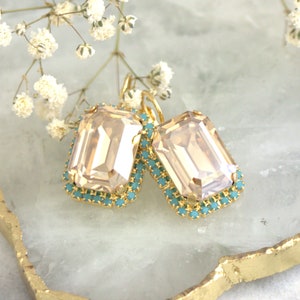 Champagne Drop Earrings, Bridal Champagne Gold Earrings, Gold Turquoise Dangle Earrings, Octagon Crystal Gold Earrings, Bridal Earrings