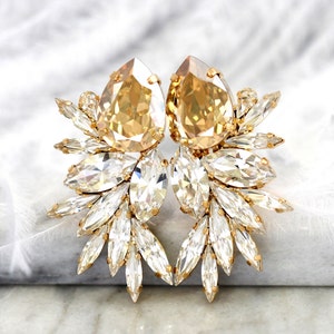 Champagne Oversize Earrings, Bridal Champagne Earrings, Bridal Champagne Statement Earrings, Big Earring, Champagne Crystal Wedding Earrings