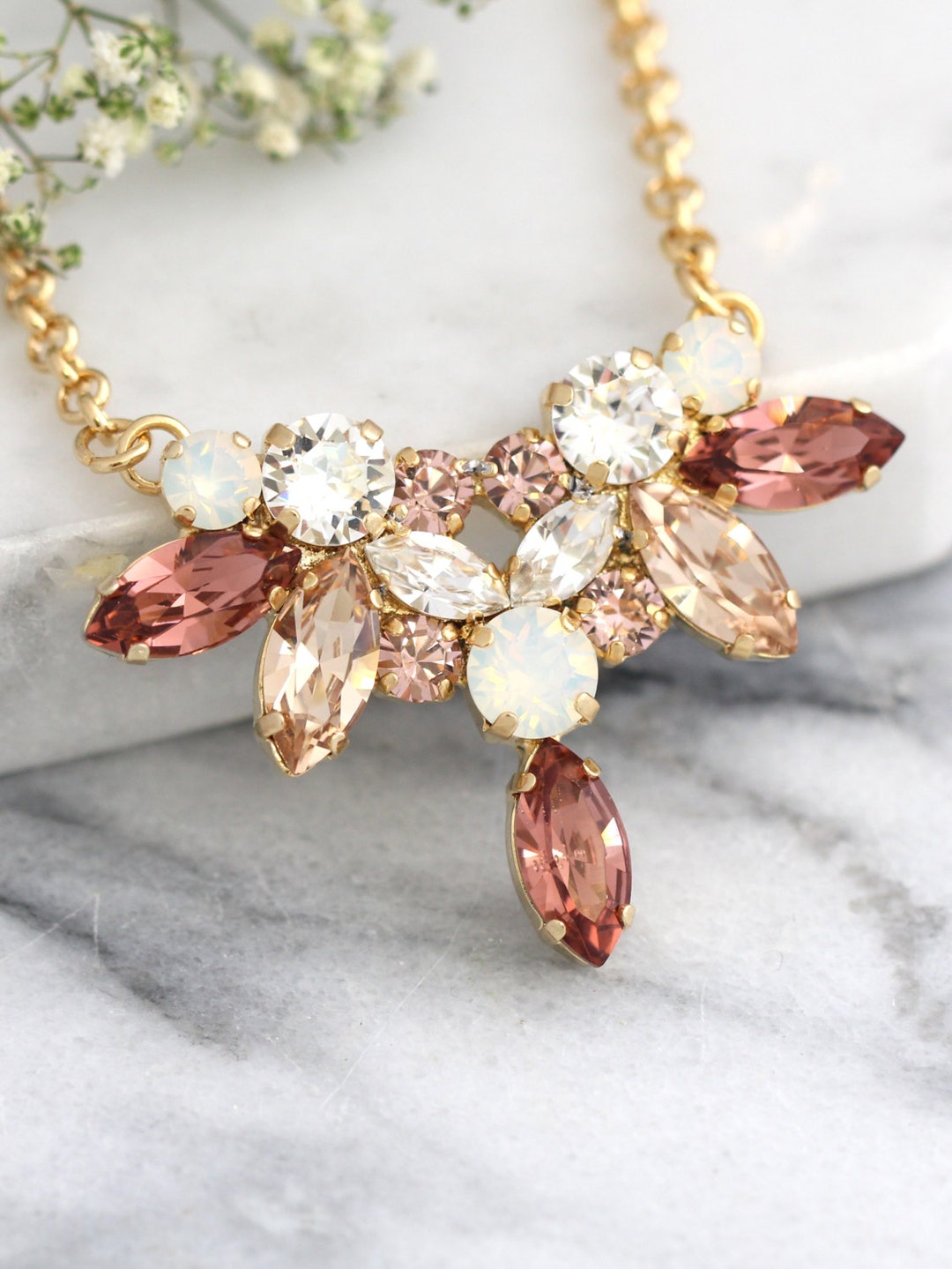 Bridal Blush Necklace, Bridal Blush Crystal Gold Necklace, Light Silk
