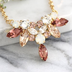 Bridal Blush Necklace, Bridal Blush Crystal Gold Necklace, Light Silk Blush Necklace ,White Opal Rose Gold Bridal Necklace, Bridal Jewelry