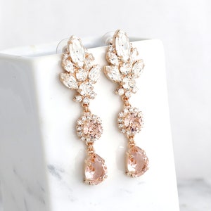 Blush Pink BRIDAL LONG EARRINGS, Bridal Blush Rose Chandeliers, Morganite Crystal Long Chandelier Earrings, Bridal Dusty Rose Earrings image 1