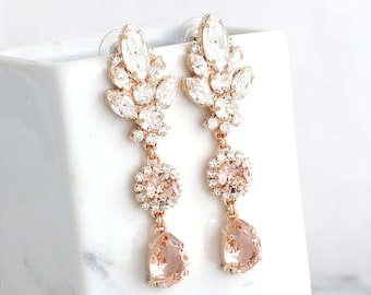 Blush Pink BRIDAL LONG EARRINGS, Bridal Blush Rose Chandeliers, Morganite Crystal Long Chandelier Earrings, Bridal Dusty Rose Earrings