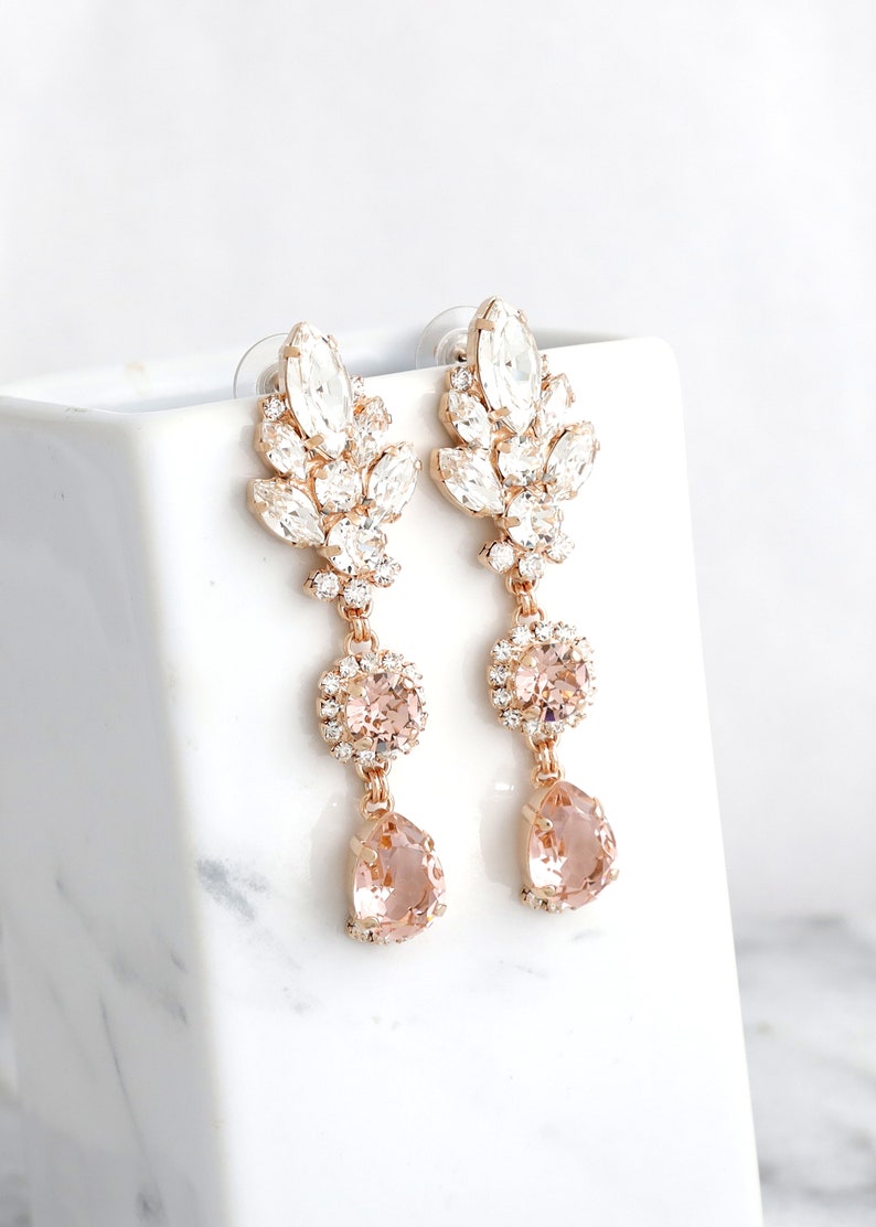 Blush Pink BRIDAL LONG EARRINGS, Bridal Blush Rose Chandeliers, Morganite Crystal Long Chandelier Earrings, Bridal Dusty Rose Earrings image 1