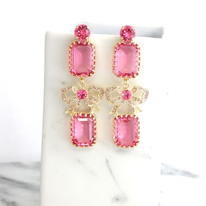 Pink Chandelier Earrings, Pink Crystal Long Earrings, Pink Rose Statement Earrings, Bow Crystal Pink Gold Earrings, Bridal Pink Earrings