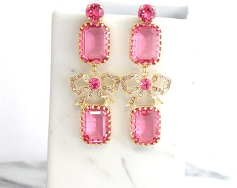 Pink Chandelier Earrings, Pink Crystal Long Earrings, Pink Rose Statement Earrings, Bow Crystal Pink Gold Earrings, Bridal Pink Earrings