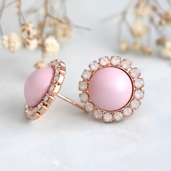 Pink Earrings, Dusty Pink Earrings, Bridesmaids Pink Earrings, Crystal Baby Pink Stud Earrings, Bridal Pink Pearl Earrings, Gift For Her