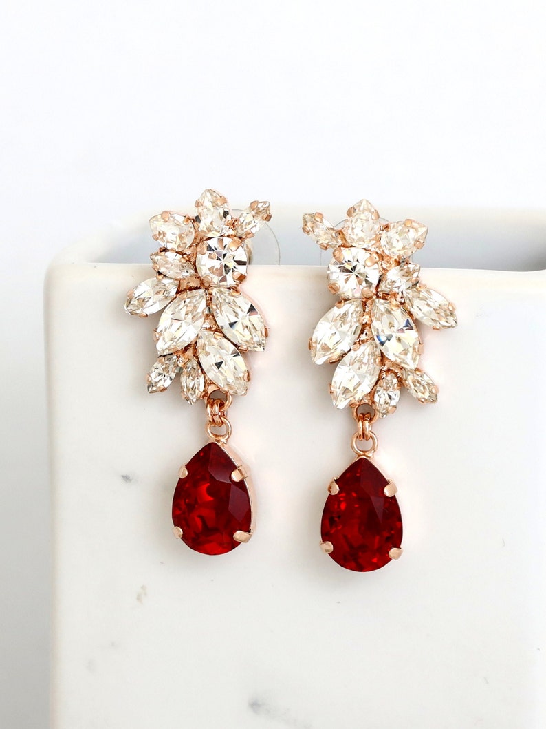 Red Ruby Bridal Earrings, Bridal Red Wine Chandelier Earrings, Red Crystal Drop Earrings, Maroon Crystal Earrings, Bridal Red Earrings image 1