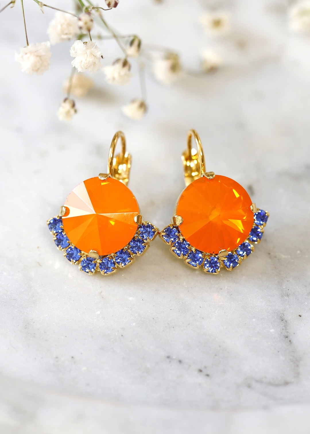 Orange Earrings, Orange Drop Earrings, Blue Orange Earrings, Coral Blue