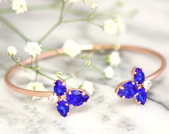 Blue Cuff Bracelet, Sapphire Blue Bracelet, Royal Blue Crystal Gold Bracelet, Bridal Blue Gold Cuff Bracelet, Bridesmaids Cuff Bracelets