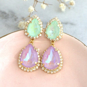 Purple Green Earrings, Lander Mint Chandelier Earrings, Lavender Long Dangle Earrings, Lilac Green Long Crystal Earrings, Mint Earrings