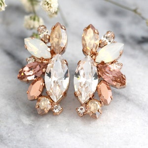 Rose Gold Champagne Cluster Earrings, Blush Bridal Earrings,Bridal Rose Gold Earrings, Bridesmaids Earrings, White Opal Champagne Studs