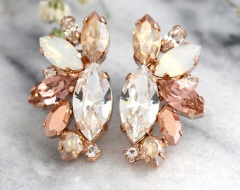 Rose Gold Champagne Cluster Earrings, Blush Bridal Earrings,Bridal Rose Gold Earrings, Bridesmaids Earrings, White Opal Champagne Studs