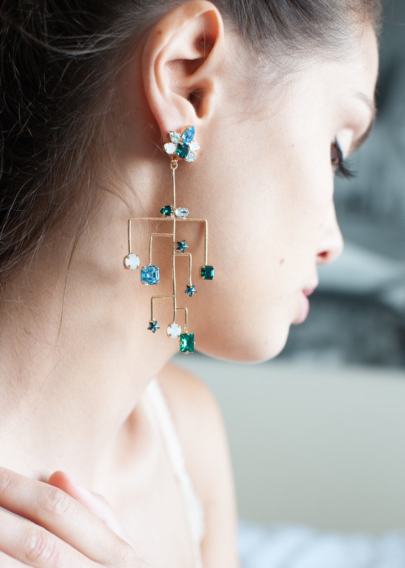 Chandelier Earrings, Long Statement Emerald Earrings, Light Drop Dangle Earrings, Trending Crystal Earrings, Bridal Crystal Earrings image 2