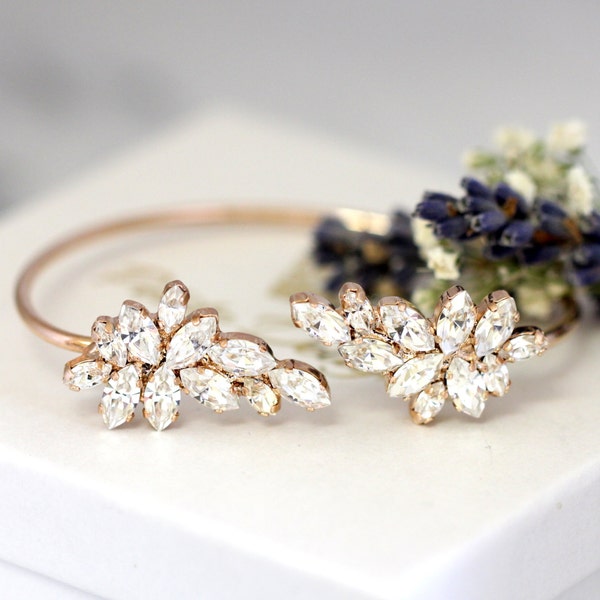 Bridal Bracelet, White Crystal Wedding Bracelet, Austrian Crystal Cuff Bracelet,Bridal Cuff Bracelet,Bridesmaids Gold Bracelet,Cuff Bracelet