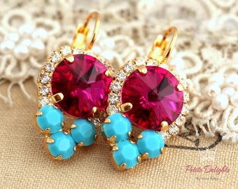 Pink Drop Earrings, Pink Turquoise Earrings, Fuchsia Crystal Earrings, Bridesmaids Earrings, Hot Pink Crystal Drop Earrings, Gift For Her