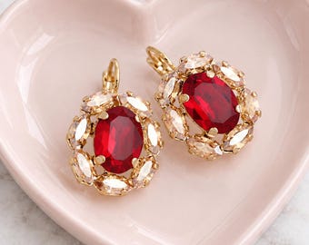 Ruby Red Embellished Swarovski Crystal Earrings, Bridal Garnet Red Crystal Champagne Halo Drop Earrings, Dark Red Wedding Jewelry