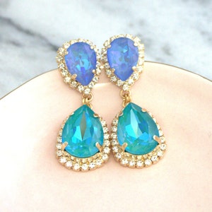 Blue Lagoon Earrings, Ocean Blue Chandelier Earrings, Beach Tropical Wedding, Blue Green Drop Long Earrings, Bridal Blue Crystal Earrings image 2