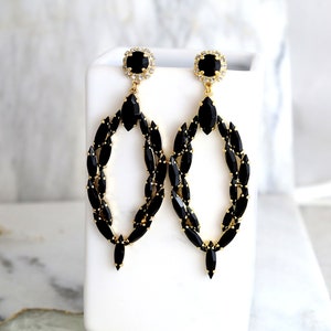 Black Bridal Earrings, Black Gold Statement Earrings, Black Crystal LONG Earrings, Black Lightweight Crystal Earrings, Black Drop Earrings