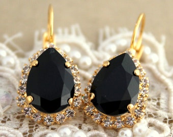 Boucles d'oreilles noires, Boucles d'oreilles noires, Boucles d'oreilles de mariée en cristal noir, Boucles d'oreilles pendantes noires, Boucles d'oreilles en or noir, Boucles d'oreilles en cristal noir