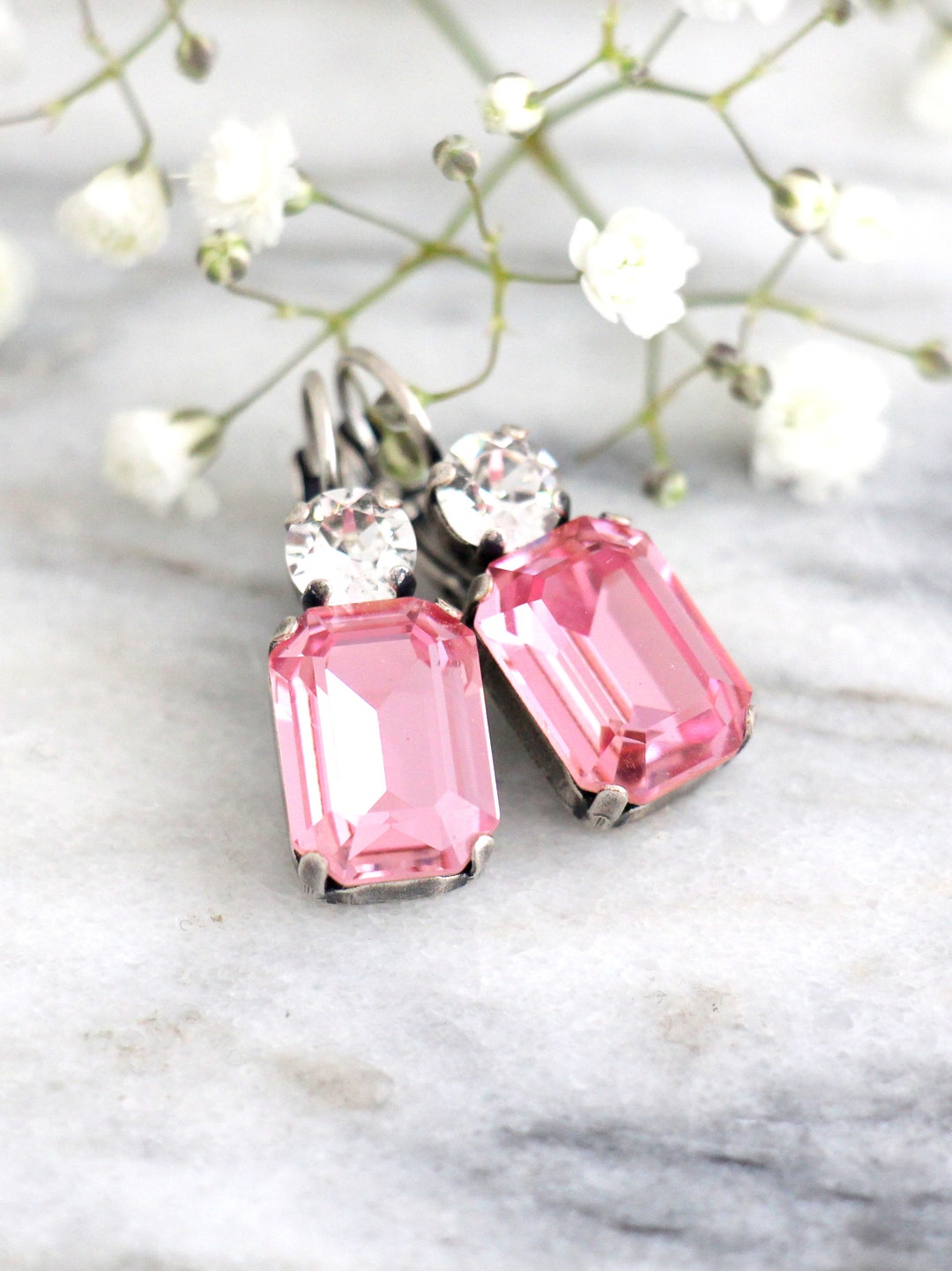 Pink Earrings Pink Drop Earrings Pink Bridal Crystal - Etsy