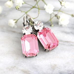 Pink Earrings, Pink Drop Earrings, Pink Bridal Crystal Earrings, Bridesmaids Earrings, Gift For her, Octagon Dangle Light Pink Earrings