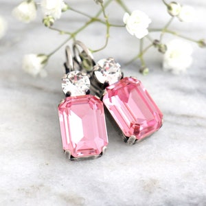 Orecchini rosa, orecchini pendenti rosa, orecchini da sposa con cristalli rosa, orecchini da damigella d&#39;onore, regalo per lei, orecchini pendenti ottagonali rosa chiaro