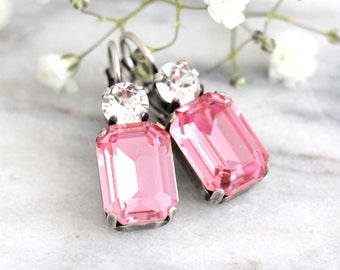 Pink Earrings, Pink Drop Earrings, Pink Bridal Crystal Earrings, Bridesmaids Earrings, Gift For her, Octagon Dangle Light Pink Earrings