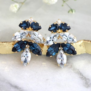 Dusty Blue Cluster Bridal Earrings, Blue Navy Crystal Earrings, Blue Navy Crystal Stud Earrings, Bridesmaids Earrings, Gift For Her