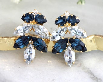 Dusty Blue Cluster Bridal Earrings, Blue Navy Crystal Earrings, Blue Navy Crystal Stud Earrings, Bridesmaids Earrings, Gift For Her