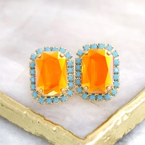 Orange Stud Earrings, Orange Crystal Earrings, Burnt Orange Stud Earrings, Opal Orange Bridal Crystal Earrings, Gift for her