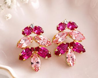Pendientes de cristal rosa en racimo, pendientes de cristal fucsia intenso, pendientes de botón de cristal rosa para novias, pendientes de cristal magenta en racimo