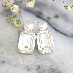 Bridal Classic Crystal Earrings, Pearl Crystal Stud Earrings, Emerald Cut Crystal Pearl Stud Earrings, Bridesmaids Earrings, Gift For Her Silver Finish