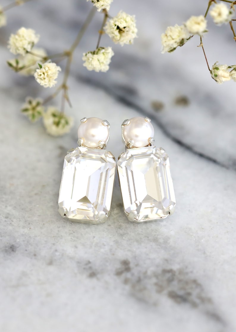 Bridal Classic Crystal Earrings, Pearl Crystal Stud Earrings, Emerald Cut Crystal Pearl Stud Earrings, Bridesmaids Earrings, Gift For Her Silver Finish