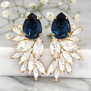 Blue Navy Earrings, Bridal Navy Blue Earrings, Blue Navy Bridal Earrings, Blue Navy Statement Earrings, Blue Navy Big Crystal Gold Earrings image 7