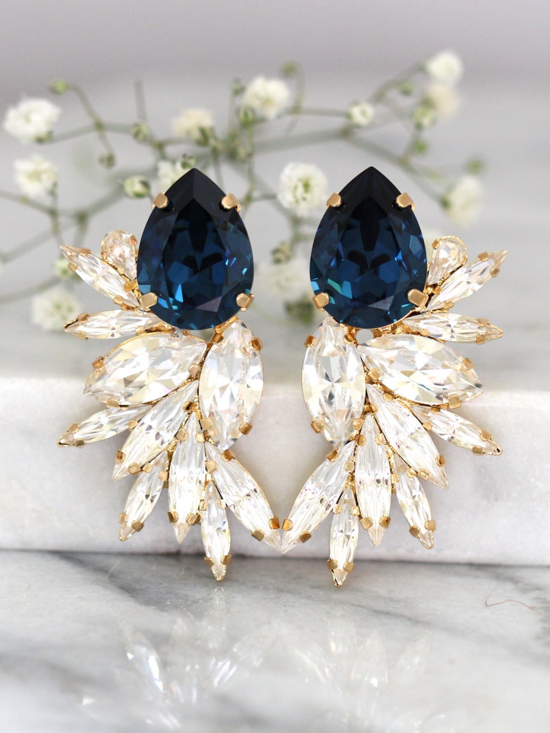 Blue Navy Earrings, Bridal Navy Blue Earrings, Blue Navy Bridal Earrings, Blue Navy Statement Earrings, Blue Navy Big Crystal Gold Earrings image 7