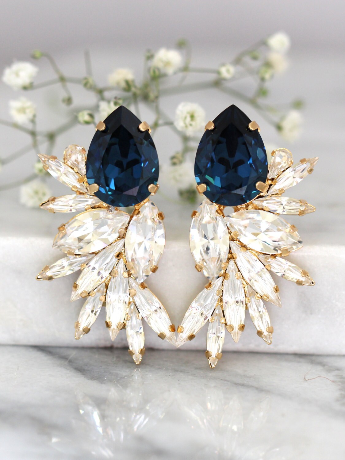 Blue Navy Earrings Bridal Navy Blue Earrings Swarovski | Etsy