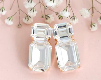 Bridal Classic Wedding Stud Earrings, Clear Crystal Emerald Cut Earrings, Bridal Crystal White Statement Studs, Bridesmaids Earrings