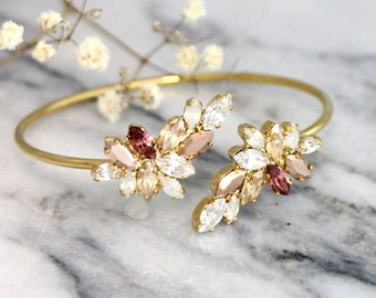 Bridal Bracelet, Blush Crystal Wedding Bracelet, Rose Gold Crystal Cuff Bracelet, Bridal Cuff Bracelet, Bridesmaids Bracelets, Cuff Bracelet