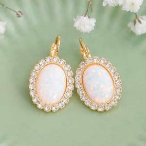 Opal Drop Earrings, White Opal Lab Lever Back Earrings, Bridesmaids gifts, White Opal Embellished Swarovski Crystals Jewelry, Opal Earrings