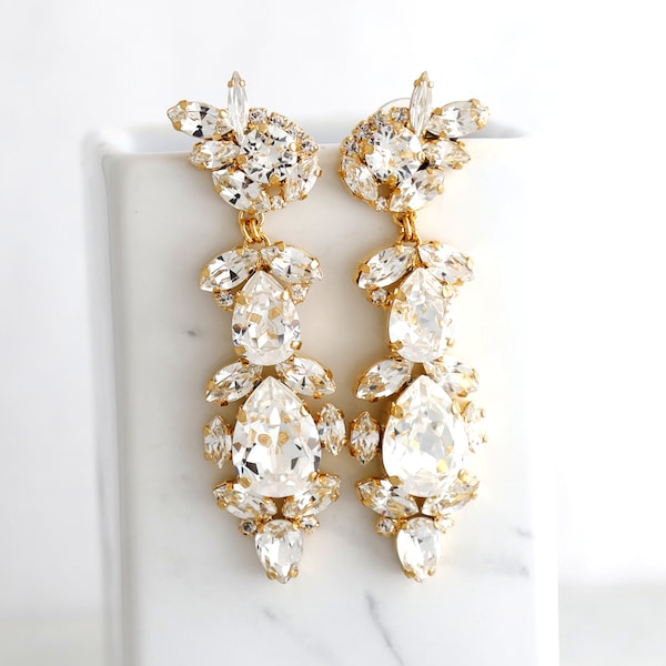 Bridal Long Chandelier Earrings, Bridal Statement Crystal Earrings, Clear Crystal Chandelier Earrings, Statement Crystal Wedding Earrings
