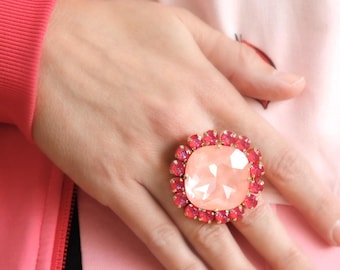 Pink Red Cocktail Crystal Ring, Hot Pink Statement Crystal Ring, Statement Pink Crystal Ring, Adjustable Cocktail Pink Ring, Gift For