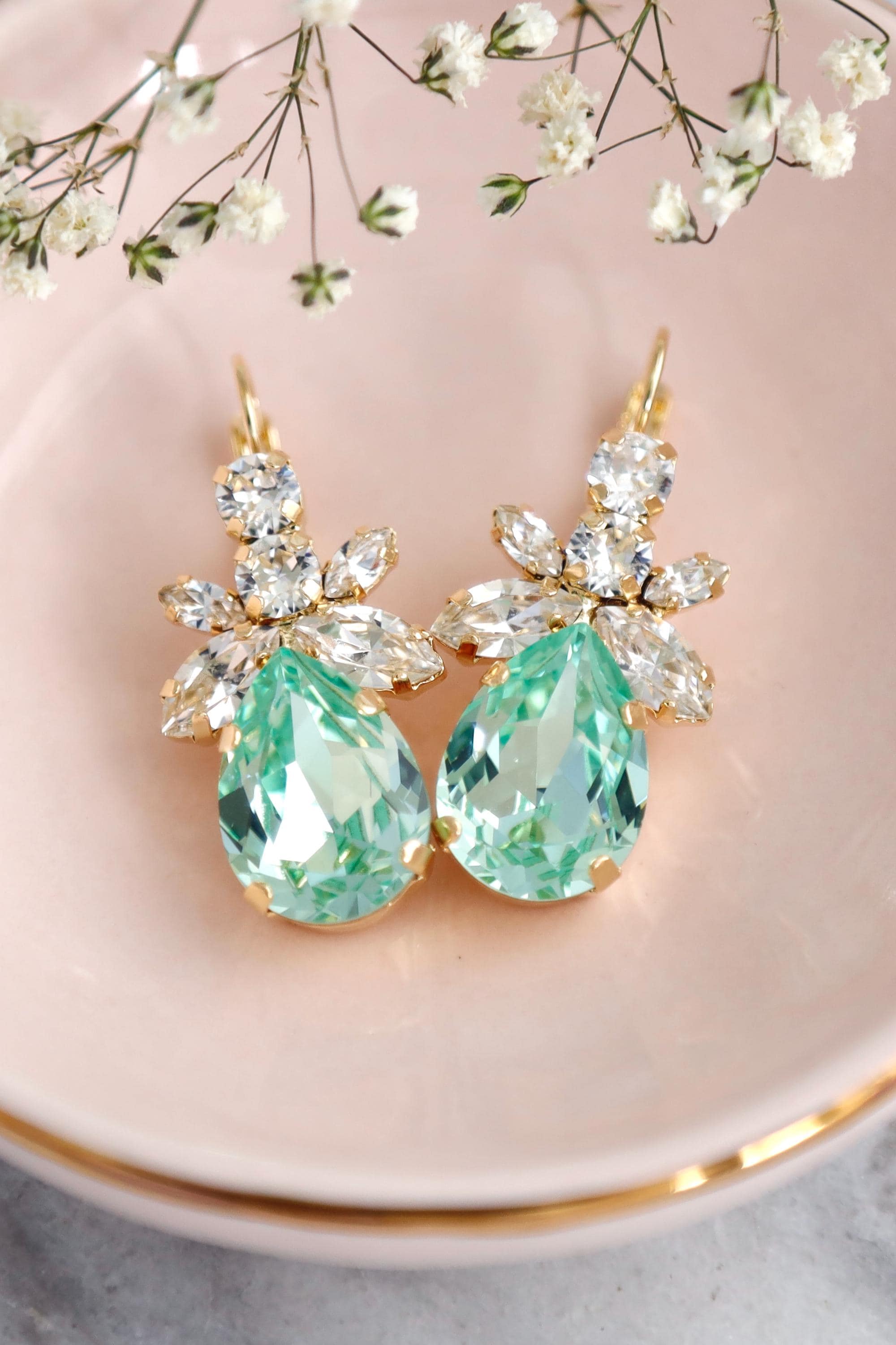 earrings for light green dress Light Green Crystal Earrings, Mint Green Bridal Earrings, Seafoam Green  Earrings, Bridesmaids Green Drop Earrings, Gift for Her