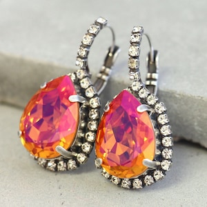 Orange Pink Earrings, Silver Orange Earrings, Orange Crystal  Earrings, Volcano Earrings,Teardrop Silver Earrings, Orange Droop Earrings