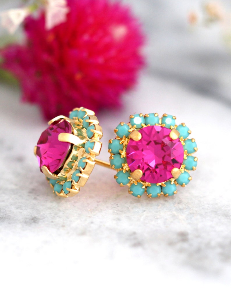 Pendientes rosas, tachuelas turquesas rosas, aretes rosas de cristal fucsia, joyas de damas de honor, pendientes rosas de cristal, regalo para ella, tachuelas rosas imagen 2