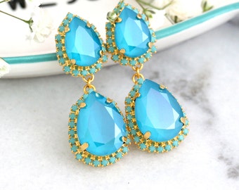 Blue Chandelier earrings, Turquoise Bridal Earrings, Ice Blue Bridal Earrings, Bridesmaids Blue Long Earrings, Azure Crystal Long Earrings