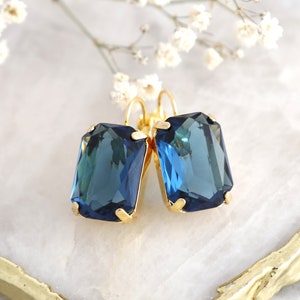 Blue Navy Drop Earrings, Dark Blue Crystal Drop Earrings, Blue Navy Bridal Earrings, Sapphire Blue Emerald Cut Crystal Earrings