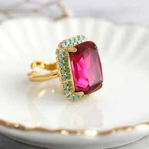Fuchsia Pink Cocktail Ring, Hot Pink Crystal Ring, Statement Gold Crystal Pink Ring, Adjustable Cocktail Ring, Statement Magenta Gold Ring. image 1