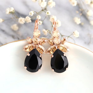 BLACK GOLD Earrings, Black Drop Crystal Earrings, Bridesmaids Earrings ...