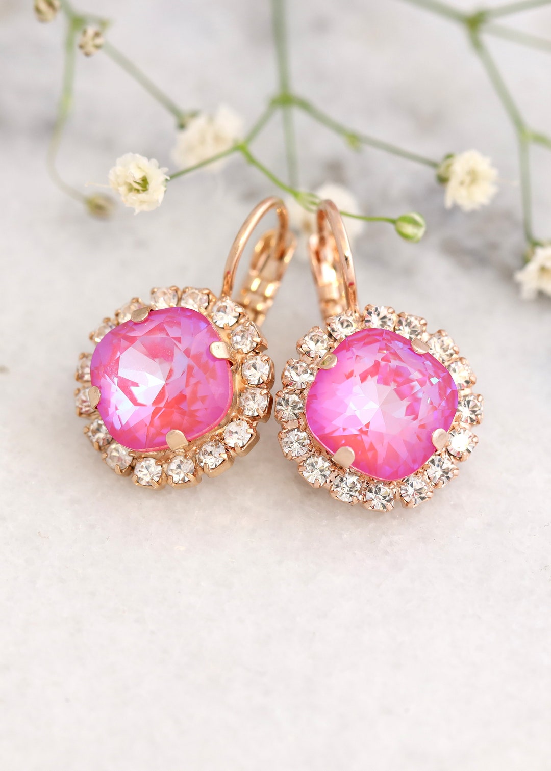 Pink Drop Earrings, Pink Crystal Lever Back Earrings, Bridal Pink ...